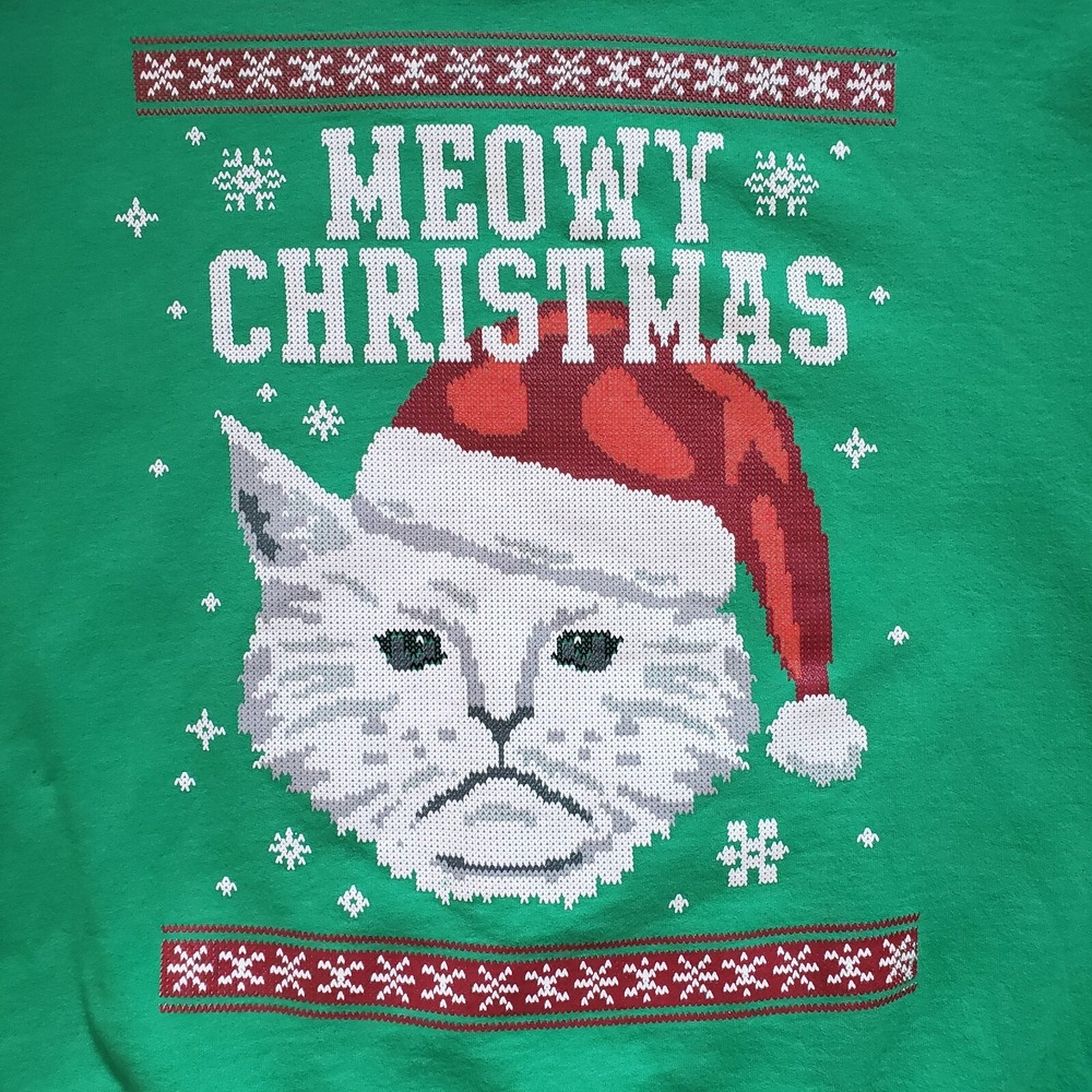 Meowy Christmas Cat Ugly Sweatshirt Unisex Crewneck Size 2XL Green Santa Hat - Picture 2 of 11